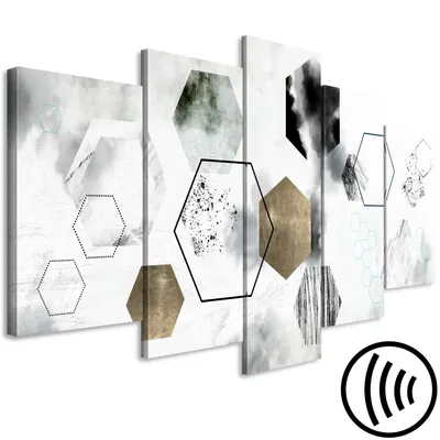 Image de Tableau acoustique Abstrait 200 x 100 cm Tableaux Mousse acoustique Absorbeur acoustique haute performance Isolation acoustique Toile 5 pièces Tableau mural Acoustique intérieure Isolation acoustique Motifs géométriques Hexagone a-A-0731-b-m