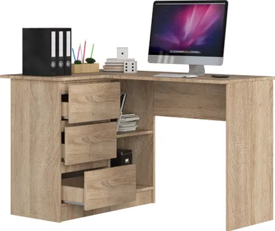 Zdjęcie produktu dla 3xEliving LYNNA biurko B16 LEWE SONOMA Małe biurko narożne z trzema szufladami, lewa strona, wymiary: wysokość: 77 cm, szerokość: 124,5 / 85 cm, głębokość: 45 / 48,5 cm