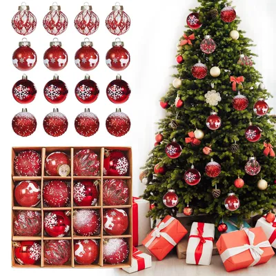 Weihnachtskugeln aus Kunststoff, 6 cm, 16 Stück, weiß-rot