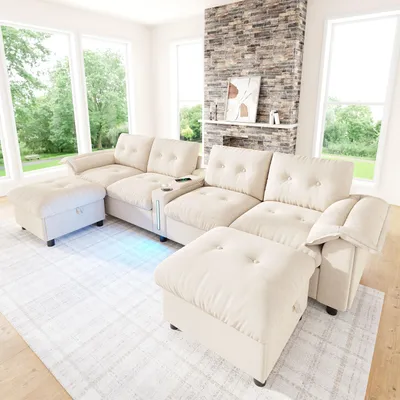 Produktbild von okwish Modulares 6-Sitzer Ecksofa mit 2 Hockern, Stauraum, Mittelkonsole, Getränkehaltern,Wohnzimmersofa mit USB/Type-C und LED, Beige