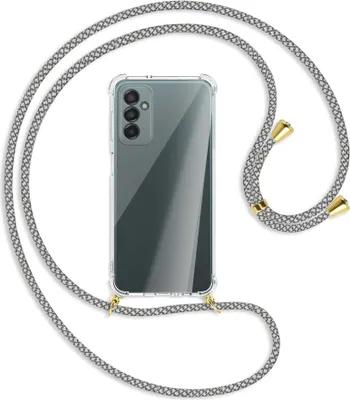 Produktbild von Handykette Backcover-Schutzhülle mit Band (Metall goldfarben) für Samsung Galaxy M23 - weiß/grau kariert