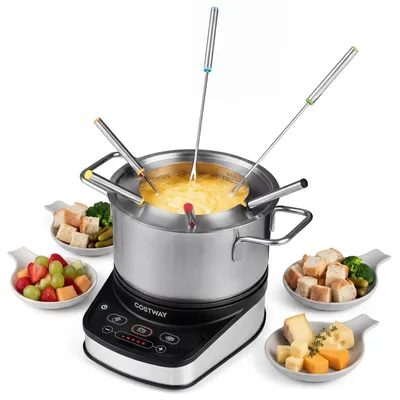 Productafbeelding van COSTWAY Elektrische fondue set, 1200W fondue set met afneembare 3 liter roestvazen pan, 6 kleurgecodeerde vorken, temperatuurregeling en vaatwasmachinebestendig