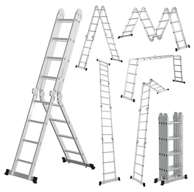 Obrázok produktu pre Vigevee, univerzálna hliníková rebrík 7v1, 4x4 stupne, výška cca 470 cm / 4,7 m, skladacia kĺbová rebrík pre dom a dielňu, oporná rebrík, maximálna nosnosť 150 kg