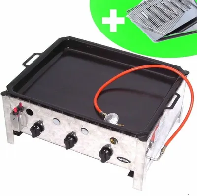 Image de 55510 + grill set 511 + poêle 504 INOX BARBECUE 10KW 3 feux BARBECUE GAZ BARBECUE BBQ voiture poêle SET 4