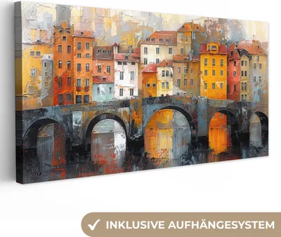 Obrázok produktu pre MuchoWow® - Plátno - Príkop - Domy - umenie, nástenné dekorácie, obrazy obývacia izba, 40x20cm