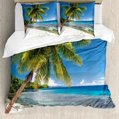 Produktbild von ABAKUHAUS Fidschi Bettbezug Set, Real Life Bild von einer Insel mit einem Sky Paradies für Reisende, 155 x 220 cm + 80 x 80 cm, Azure Blau Mehrfarbig