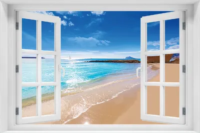 Produktbild von Wallario Poster mit Fenster-Illusion: Traumstrand unter blauem Himmel, Größe: 100 x 150 cm