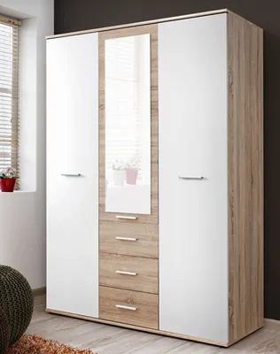 Produktbild von Kleiderschrank mit Spiegel fürs Kinderzimmer EMAN – Breite 135 cm, Sonoma-Eiche/Weiß
