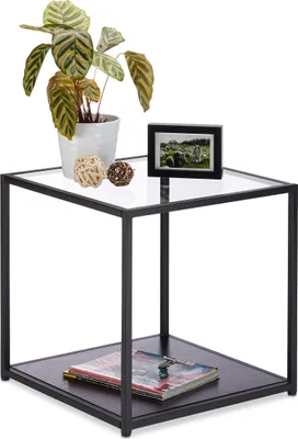 Image de Table d'appoint Relaxdays avec plateau en verre et bois, structure métallique, robuste, carrée, table basse HBT 50 x 50 x 50 cm, noire