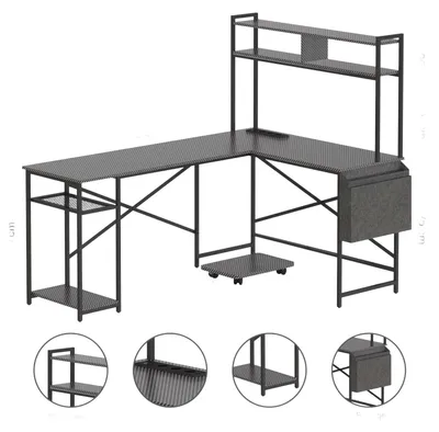 Produktbild von Zimilo L-Form Schreibtisch mit Regal & Steckdosen, Eckschreibtisch Computertisch, Bürotisch mit Monitoraufsatz & Seitentasche, 170x116cm, Schwarz