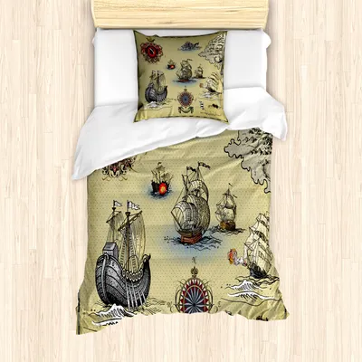 Produktbild von ABAKUHAUS Kompass Mantele, Antike Karte Pirat, Milbensicher Allergiker geeignet mit Kissenbezügen, 135 cm x 200 cm - 80 x 80 cm, Beige Rot Grau