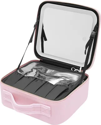 Image de Trousse de maquillage de voyage - Trousse à maquillage - Miroir LED - 3 couleurs de lumière - Compartiments réglables - CuirPolyuréthane- 1,2 kg - Rose