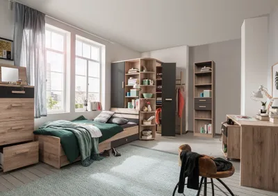 Produktbild von Jugendzimmer komplett Möbel Cariba 8 teiliges Komplett Set in Eiche San Remo und Graphit Jugendzimmermöbel