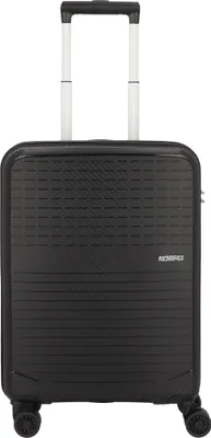 A black American Tourister suitcase with a telescopic handle and wheels.