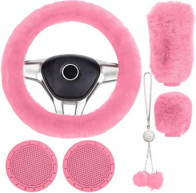 Productafbeelding van Pluche interieurset voor auto, 6-delig, roze – Stuurwielhoes set met handrem- en versnellingspookhoezen + spiegeldecoratie – Universeel, 38 cm