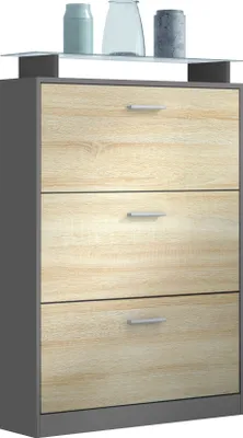 Produktbild von Vladon Schuhschrank Lavia, Schuhkipper für 24 Paar Schuhe mit 3 Klappen und Glasablage, Anthrazit matt/Eiche sägerau (89 x 128 x 23 cm)