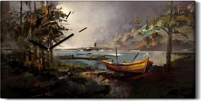 Produktbild von Leinwand Uhr Küche Wohnzimmer Bild 60x30 Waldlandschaft mit einem Boot - schwarze Hände