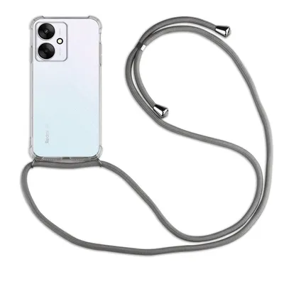 A transparent phone case with a gray lanyard attached to it, displayed on a white background.