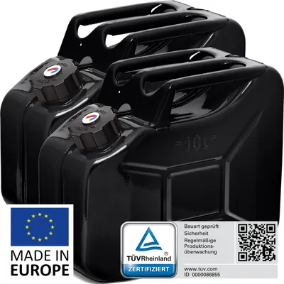 Produktbild von BW® Kraftstoffkanister Metall Benzinkanister 2x 10 Liter mit Schraubverschluss - Schwarz RAL 9005 - UN-Zulassung - Hergestellt in Europa