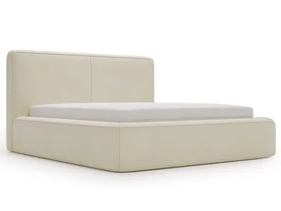 A beige upholstered bed frame with a mattress on a white background.