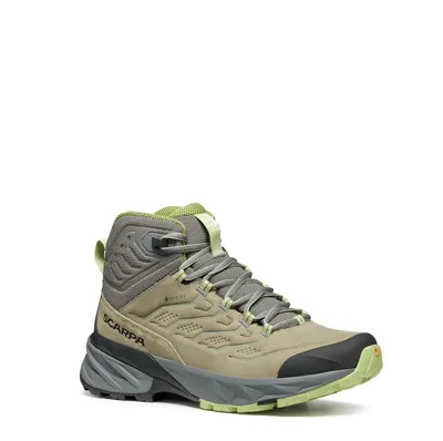 Rush 2 Pro Mid GTX Fast Hiking Schuhe für Damen von Scarpa in Beige und Grau mit grünem Detail.