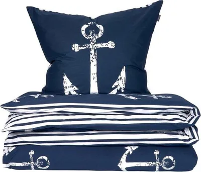 Produktbild von Famanu Bettwäsche-Set aus weichem Baumwollstoff in maritimer Optik - marineblau und weiß, 155 x 220 cm + 80 x 80 cm