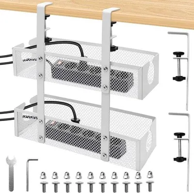 Produktbild von Famanu Kabelkanal - Büro-Organizer - zwei Ebenen - Halter mit Klemme - verstellbare Kabelmanagementschale - Kabelbox - Weiß - ohne Bohren