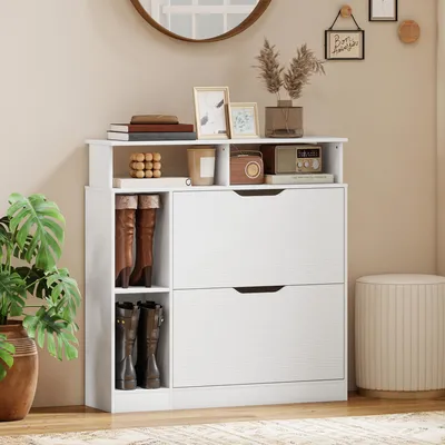 Image de Armoire à chaussures avec porte, rangement à chaussures avec cloison réglable, étagère à chaussures blanche | 89 x 25 x 92 cm | Capacité pour 12 paires | Panneau de particules et MDF