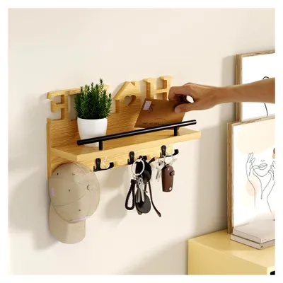 Produktbild von Schlüsselbrett - Wandhalterung für Schlüssel mit Holzregal und 7 Haken, rustikaler Wandorganizer mit Ablage, Natur