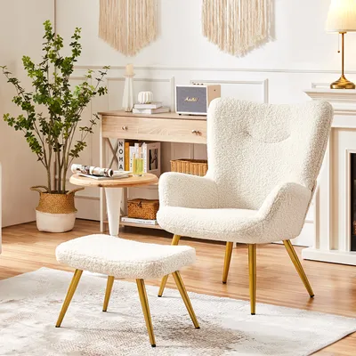 A cozy living room scene with a plush armchair and ottoman.