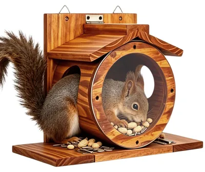 Produktbild von VETOLAKA Eichhörnchen Futterhaus mit Runden Transparentes Futterstationen: Holz Natur Eichhörnchen Futterhaus Wetterfest, Stabil eichhörnchen Futter für Draußen, Eichhörnchen Haus ohne Montage