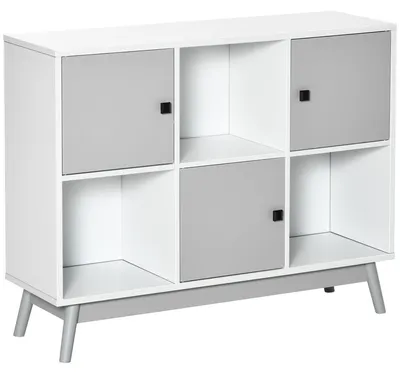 Image de Buffet, meuble de rangement avec 3 portes et 3 compartiments ouverts, pieds en bois de pin, 96x30x75cm, blanc et gris