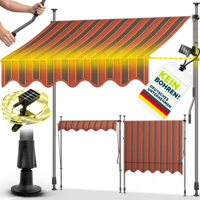 Produktbild von tillvex Klemmmarkise 300 cm Orange/Anthrazit mit Solar LED mit Handkurbel Balkon | Balkonmarkise ohne Bohren | Markise UV-beständig & höhenverstellbar | Sonnenschutz wasserdicht