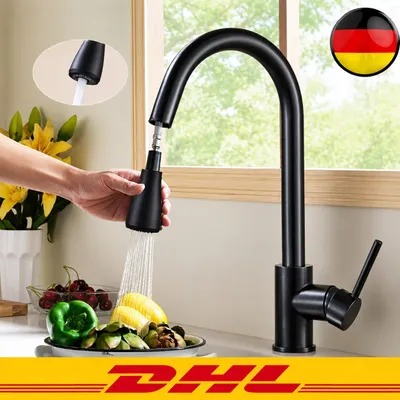 Produktbild von Wasserhahn Küche 360° Küchenarmatur mit Ausziehbarer Brause Spültischarmatur aus Edelstahl Mischbatterie Küche mit Dual-Spülbrause, Schwarz