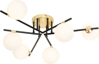 Produktbild von QAZQA - Art Deco Deckenleuchte I Deckenlampe I Lampe I Leuchte schwarz mit Gold I Messing und Opalglas 6 Lichter - Lynn I Wohnzimmer I Schlafzimmer - Stahl Rund - LED geeignet G9