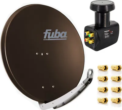 A satellite dish, LNB, and F-connectors are displayed against a white background.