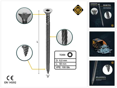Zdjęcie produktu dla FORTE Tools Uniwersalny wkręt do drewna 6.0 x 50 mm T30 100 szt. ( 000040113888 ) ocynkowany na srebrno z łbem stożkowym Torx z pełnym gwintem