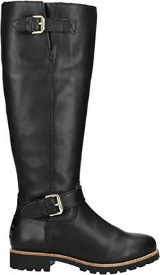 A black leather boot on a white background.