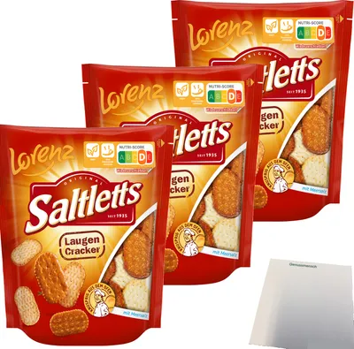 Produktbild von Lorenz Saltletts Laugen Cracker mit Meersalz 3er Pack (3x150g Beutel) + usy Block
