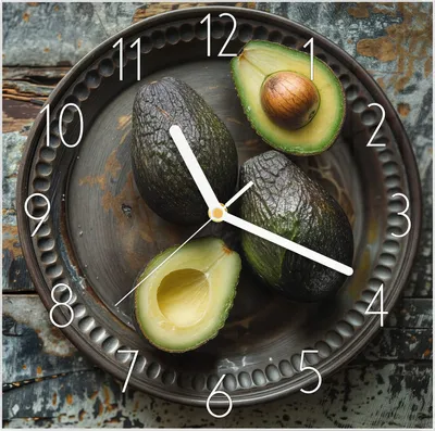 Produktbild von Wanduhr aus Glas mit Motiv Avocados Holzteller- 30 x 30 cm - inkl. Aufhängesystem
