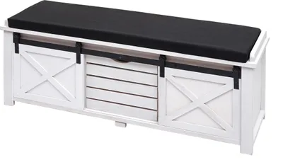 Produktbild von Sitzbank mit Staufächern HWC-H53, Polsterbank Sitz-Kommode, Shabby-Look Massiv-Holz Metall Stoff 43x102x33cm  weiß