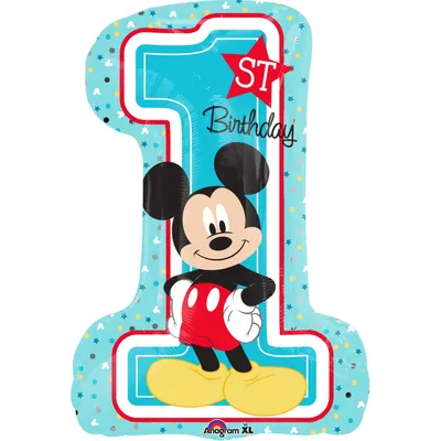 Produktbild von Amscan 3434301- Super Shape Folienballon Mickey 1st Birthday, Größe 48 x 71 cm, Maus, Heliumballon, Geburtstag, Dekoration