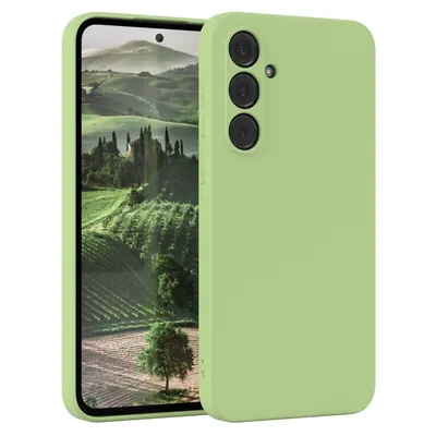 A light green phone case is shown on a white background, with a landscape image displayed on the phone screen inside the case.