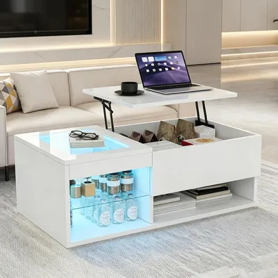 Produktbild von INONEFT Anhebbarer Couchtisch mit verstecktem Stauraum, Beistelltisch mit LED, höhenverstellbare Sofatisch, Weiß.
