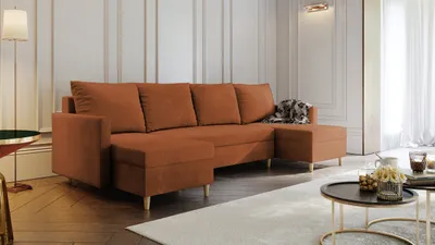 Productafbeelding van AX LIVING Bank in U-vorm met slaapfunctie, model Wesly U, 290 cm, kleur bernstein – Stijlvol en comfortabel