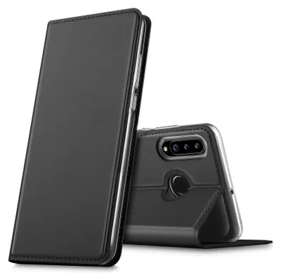 A black flip case for a smartphone is shown in a studio setting.