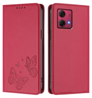 Produktbild von Lederhülle für Motorola Moto G84, Schmetterling Prägung Leder Brieftasche Schutzhülle mit Ständer Rot
