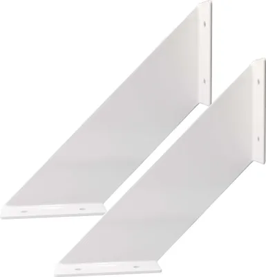 Two white metal shelf brackets are shown against a white background.