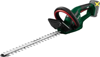 A cordless hedge trimmer is shown against a white background. The battery pack is highlighted with a dashed outline and a yellow 'X' symbol, indicating it is not included.