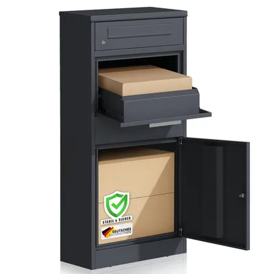 A dark gray parcel box with two packages inside, one in a pull-out drawer and another in the lower compartment. The lower compartment door is open, revealing the package and two German quality seals.